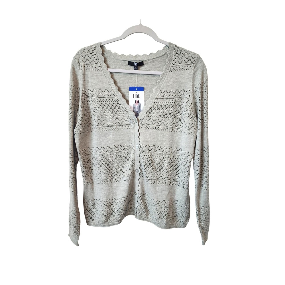 Frye Seagrass Green Pointelle Knit 100% Cotton Spring Cardigan Cottagecore, L